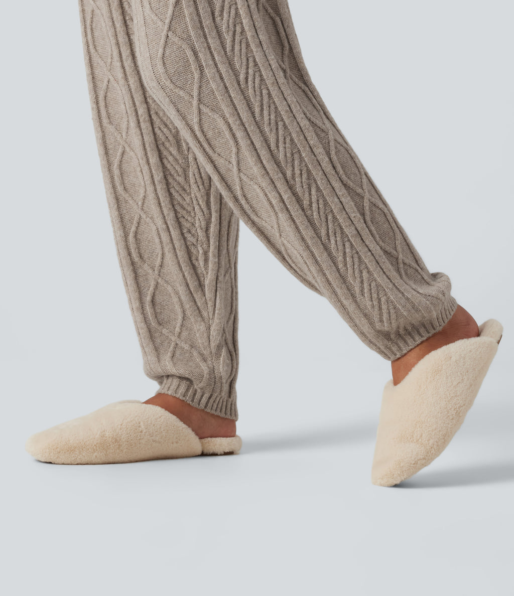 High Waisted Drawstring Cable Knit Lounging Sweater Trousers with Pockets — Oxford Tan — view 6