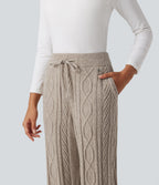 High Waisted Drawstring Cable Knit Lounging Sweater Trousers with Pockets — Oxford Tan — view 5