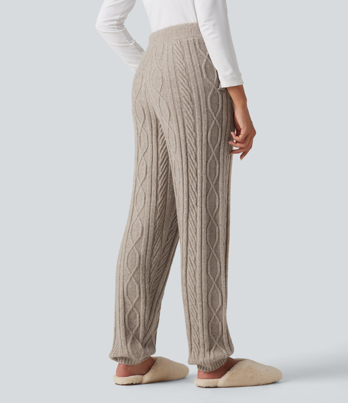 High Waisted Drawstring Cable Knit Lounging Sweater Trousers with Pockets — Oxford Tan — view 2