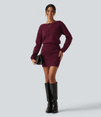 Boat Neck Long Sleeve T Type Bodycon Mini Casual Jumper Dress — Dusky purple — view 5