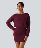 Boat Neck Long Sleeve T Type Bodycon Mini Casual Jumper Dress — Dusky purple — view 1