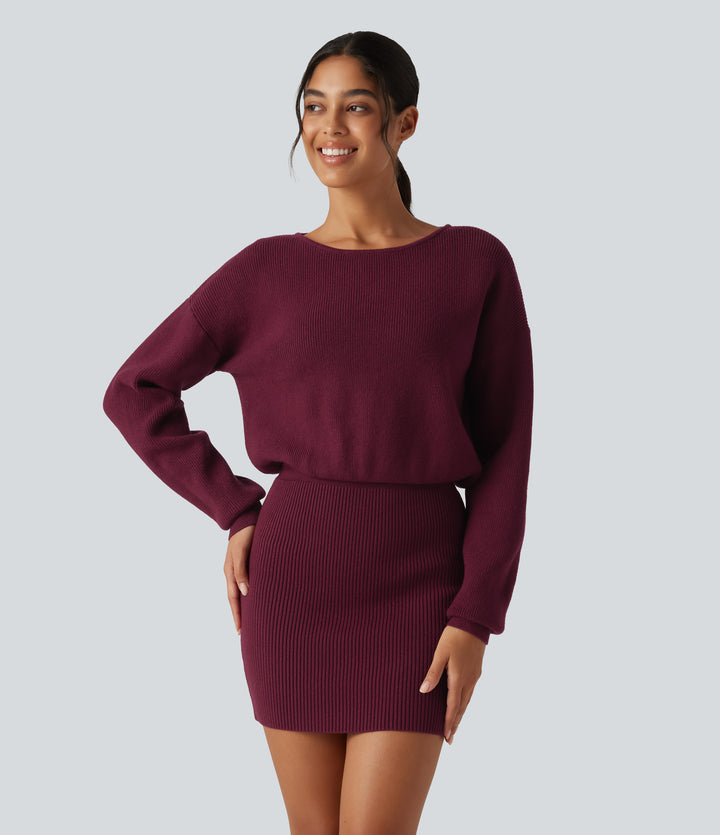 Boat Neck Long Sleeve T Type Bodycon Mini Casual Jumper Dress — Dusky purple — view 1