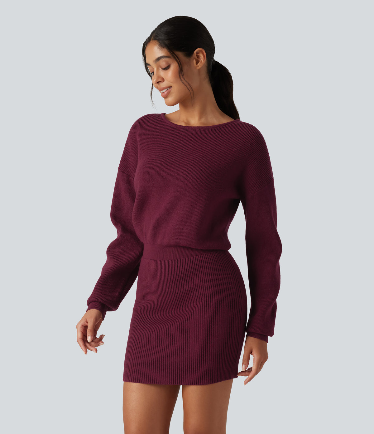 Boat Neck Long Sleeve T Type Bodycon Mini Casual Jumper Dress — Dusky purple — view 3