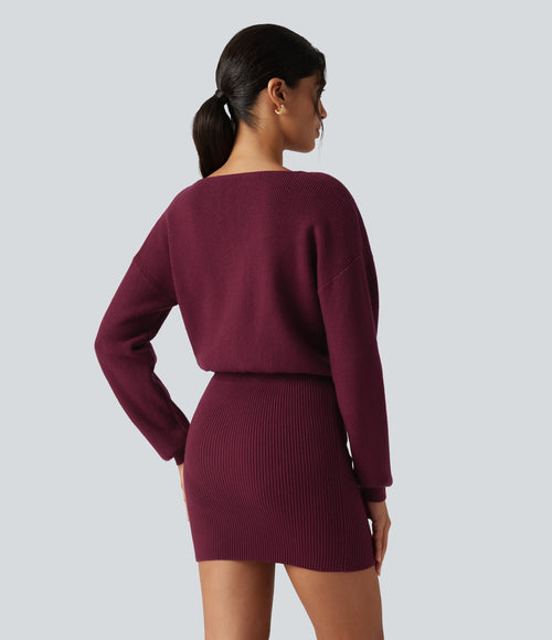 Boat Neck Long Sleeve T Type Bodycon Mini Casual Jumper Dress — Dusky purple — view 2
