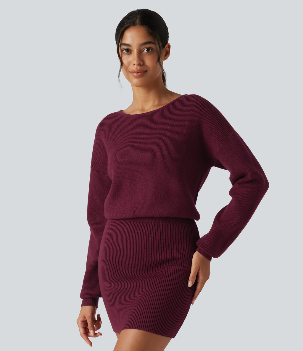 Boat Neck Long Sleeve T Type Bodycon Mini Casual Jumper Dress — Dusky purple — view 4