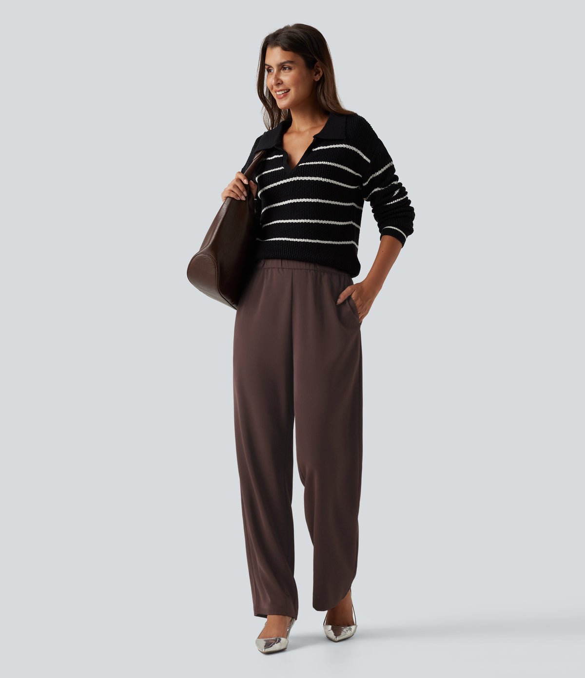 High Waisted Work Tapered Trousers with Pockets — Red Mahogany — view 7
