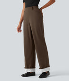 High Waisted Straight Leg Stripe Rolled Hem Casual Trousers with Pockets — Chocolate Martini — view 3