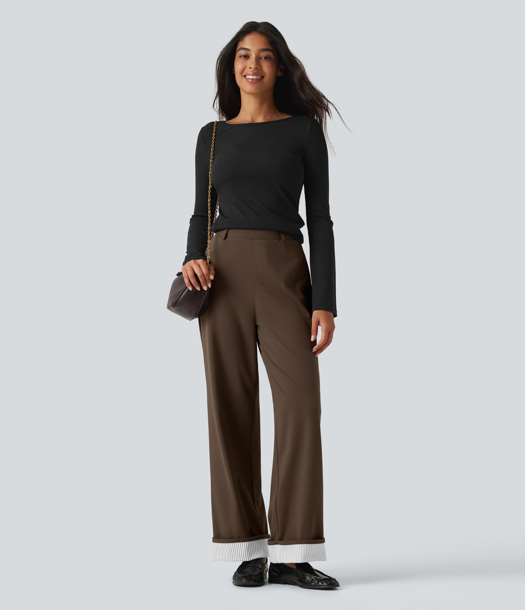 High Waisted Straight Leg Stripe Rolled Hem Casual Trousers with Pockets — Chocolate Martini — view 8