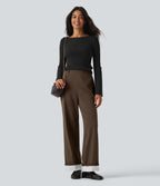 High Waisted Straight Leg Stripe Rolled Hem Casual Trousers with Pockets — Chocolate Martini — view 8