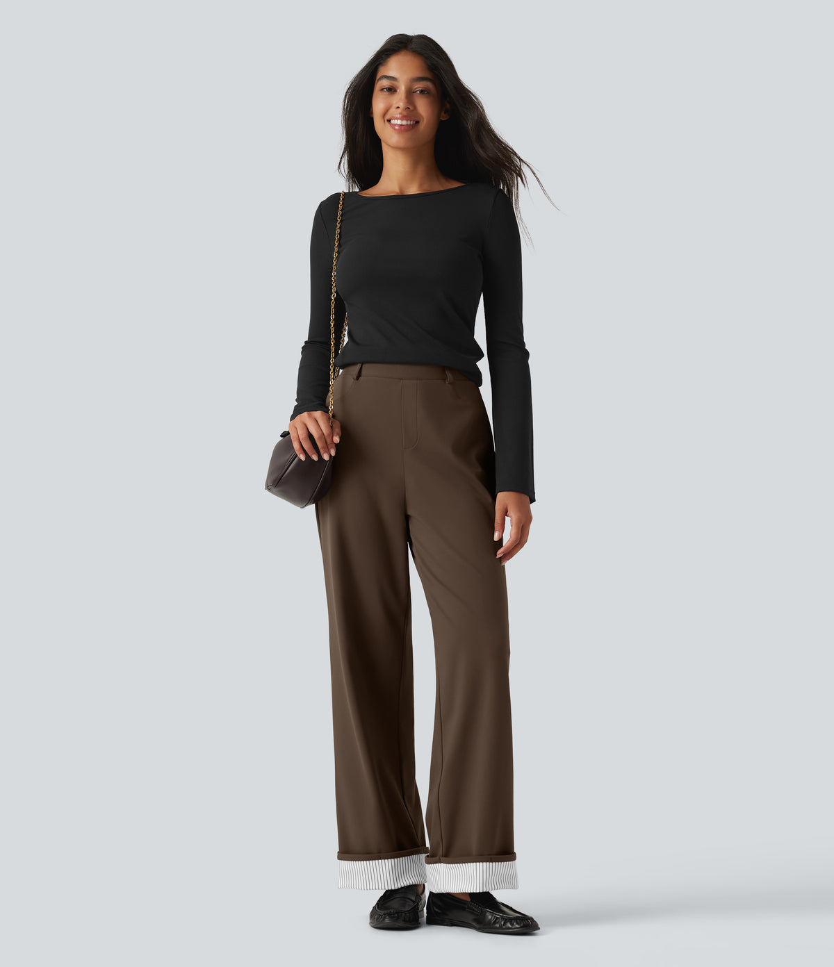 High Waisted Straight Leg Stripe Rolled Hem Casual Trousers with Pockets — Chocolate Martini — view 8