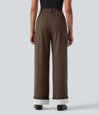 High Waisted Straight Leg Stripe Rolled Hem Casual Trousers with Pockets — Chocolate Martini — view 2