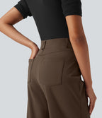 High Waisted Straight Leg Stripe Rolled Hem Casual Trousers with Pockets — Chocolate Martini — view 4