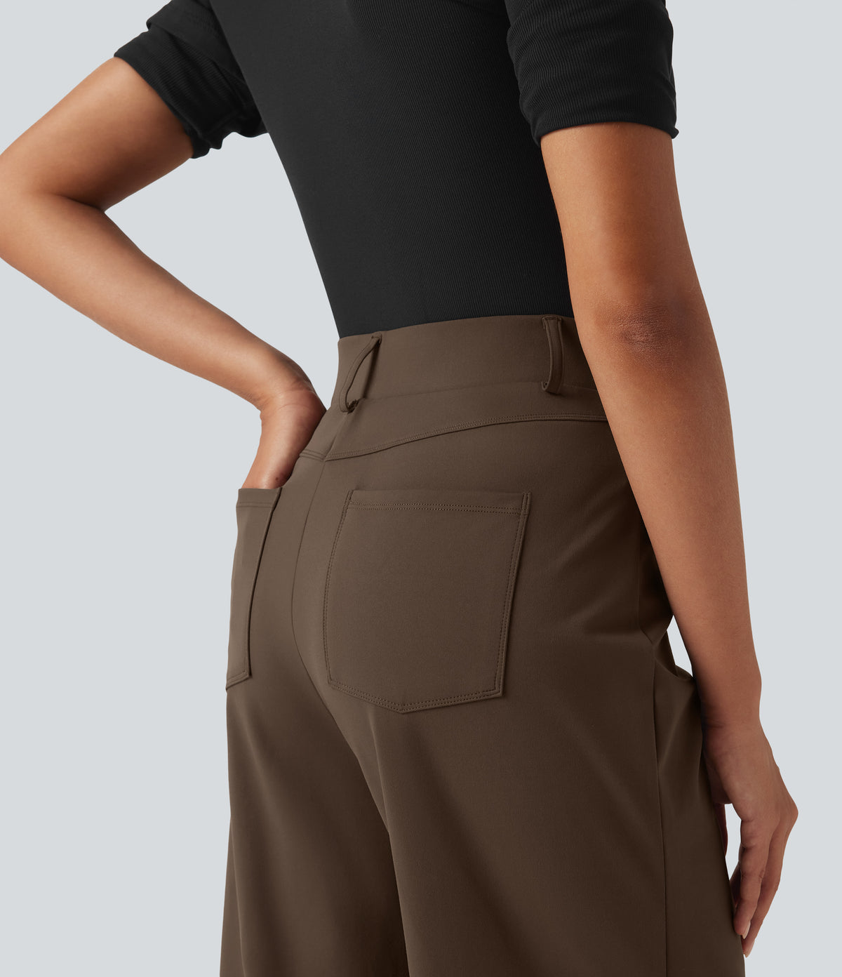 High Waisted Straight Leg Stripe Rolled Hem Casual Trousers with Pockets — Chocolate Martini — view 4