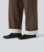 High Waisted Straight Leg Stripe Rolled Hem Casual Trousers with Pockets — Chocolate Martini — view 7