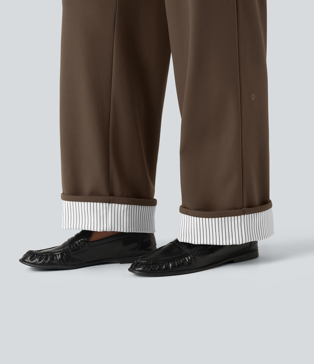 High Waisted Straight Leg Stripe Rolled Hem Casual Trousers with Pockets — Chocolate Martini — view 7