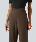 High Waisted Straight Leg Stripe Rolled Hem Casual Trousers with Pockets — Chocolate Martini — view 5