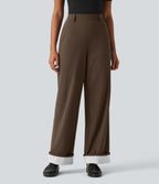 High Waisted Straight Leg Stripe Rolled Hem Casual Trousers with Pockets — Chocolate Martini — view 1