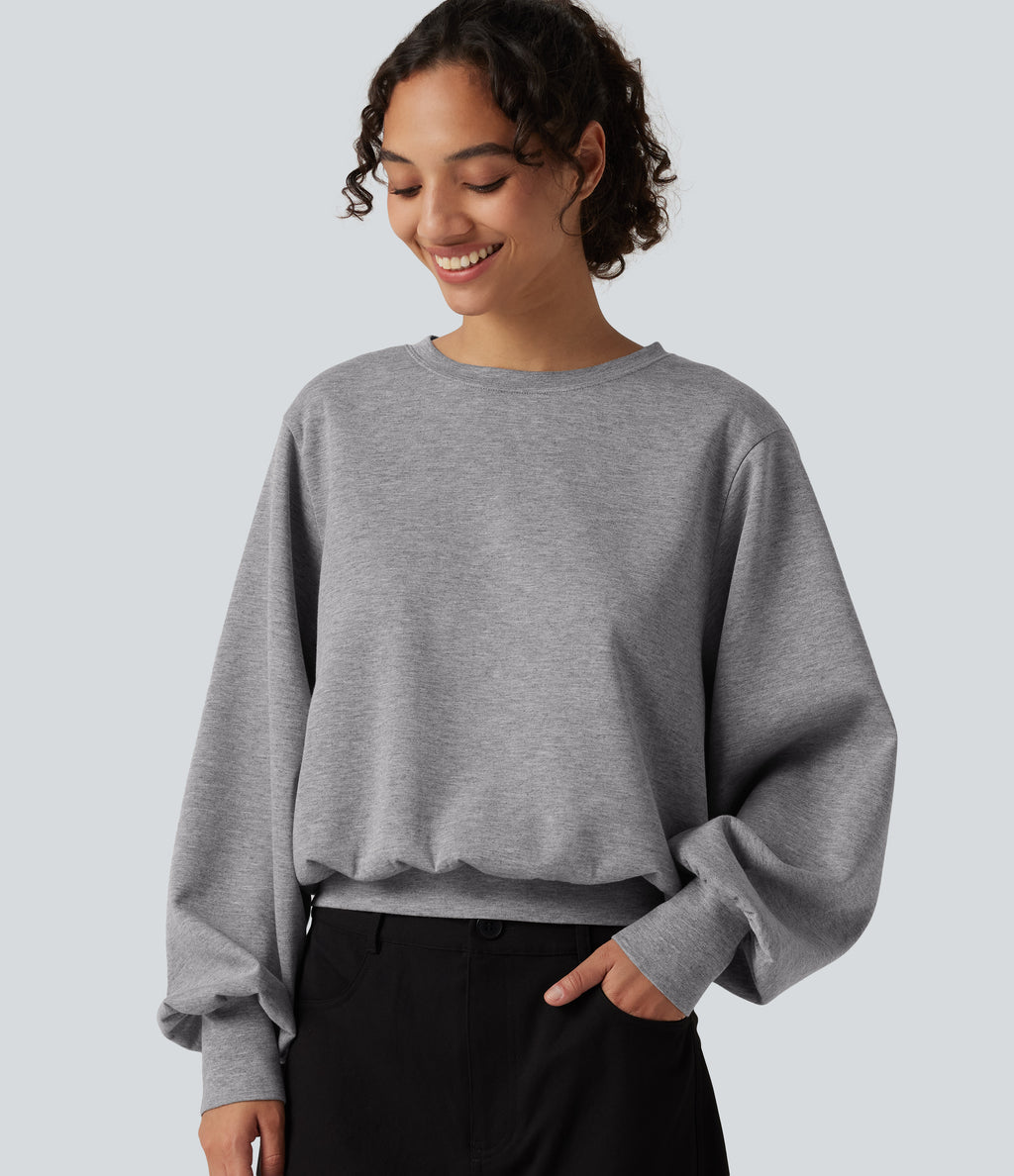 Round Neck Bubble Long Sleeve Casual Sweatshirt — Dark Mottled Grey — view 5