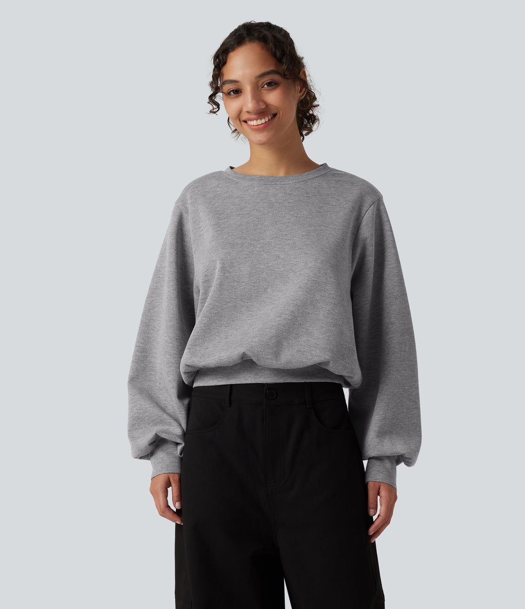 Round Neck Bubble Long Sleeve Casual Sweatshirt — Dark Mottled Grey — view 1