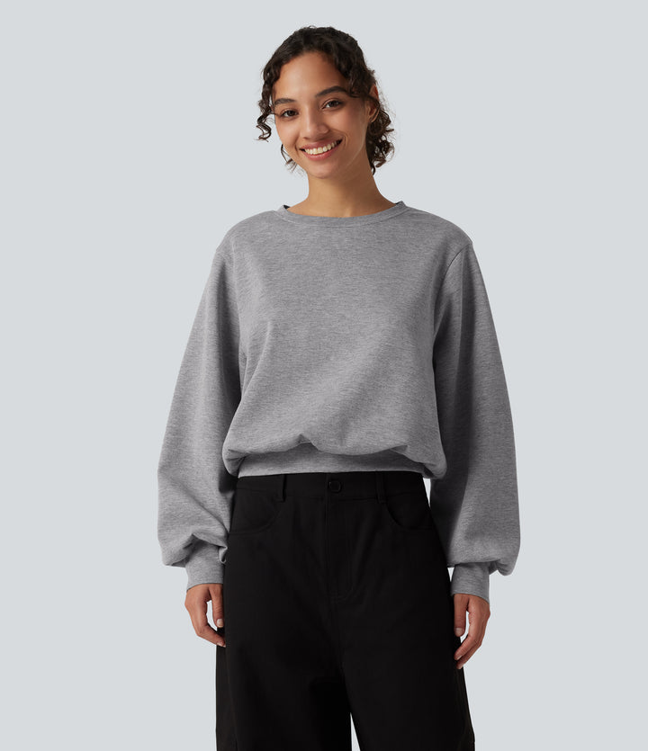 Round Neck Bubble Long Sleeve Casual Sweatshirt — Dark Mottled Grey — view 1