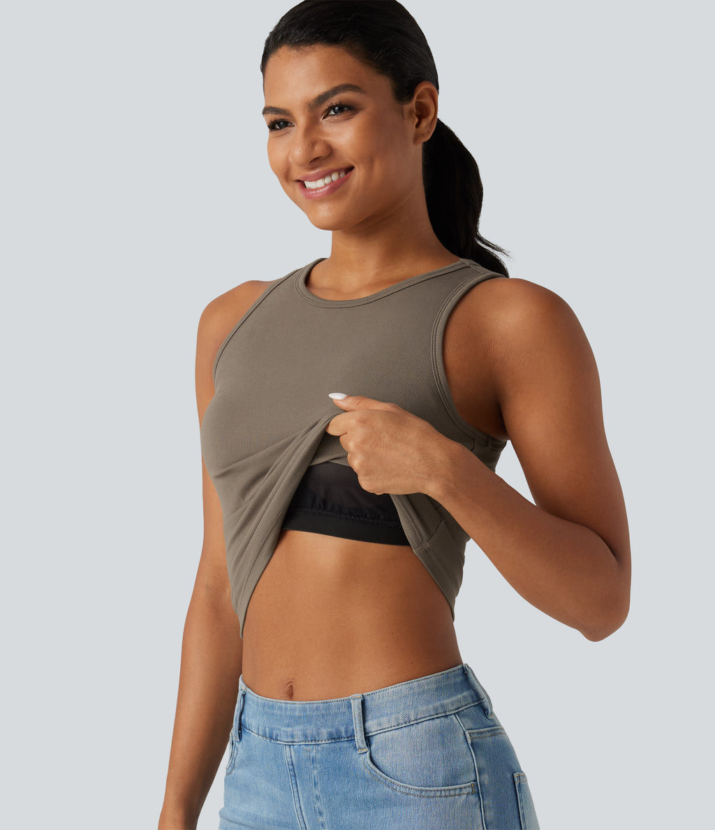 Ribbed Knit Round Neck Built-in Bra Cut Out Cropped Casual Tank Top — Dawn Brown — view 1