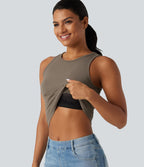 Ribbed Knit Round Neck Built-in Bra Cut Out Cropped Casual Tank Top — Dawn Brown — view 1