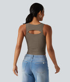 Ribbed Knit Round Neck Built-in Bra Cut Out Cropped Casual Tank Top — Dawn Brown — view 4