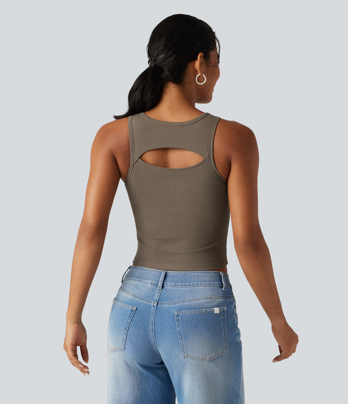 Ribbed Knit Round Neck Built-in Bra Cut Out Cropped Casual Tank Top — Dawn Brown — view 4