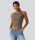 Ribbed Knit Round Neck Built-in Bra Cut Out Cropped Casual Tank Top — Dawn Brown — view 5
