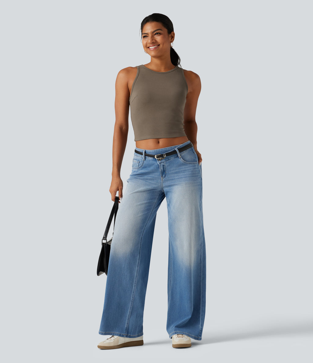 Ribbed Knit Round Neck Built-in Bra Cut Out Cropped Casual Tank Top — Dawn Brown — view 7