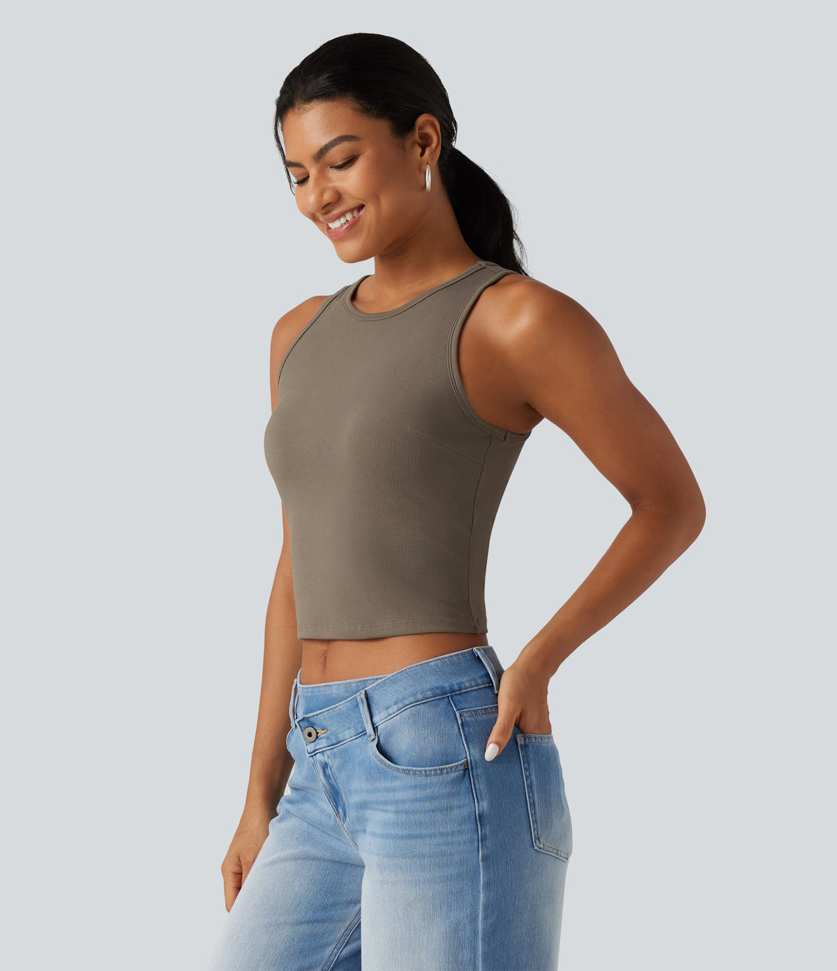 Ribbed Knit Round Neck Built-in Bra Cut Out Cropped Casual Tank Top — Dawn Brown — view 3