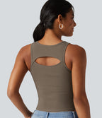 Ribbed Knit Round Neck Built-in Bra Cut Out Cropped Casual Tank Top — Dawn Brown — view 2