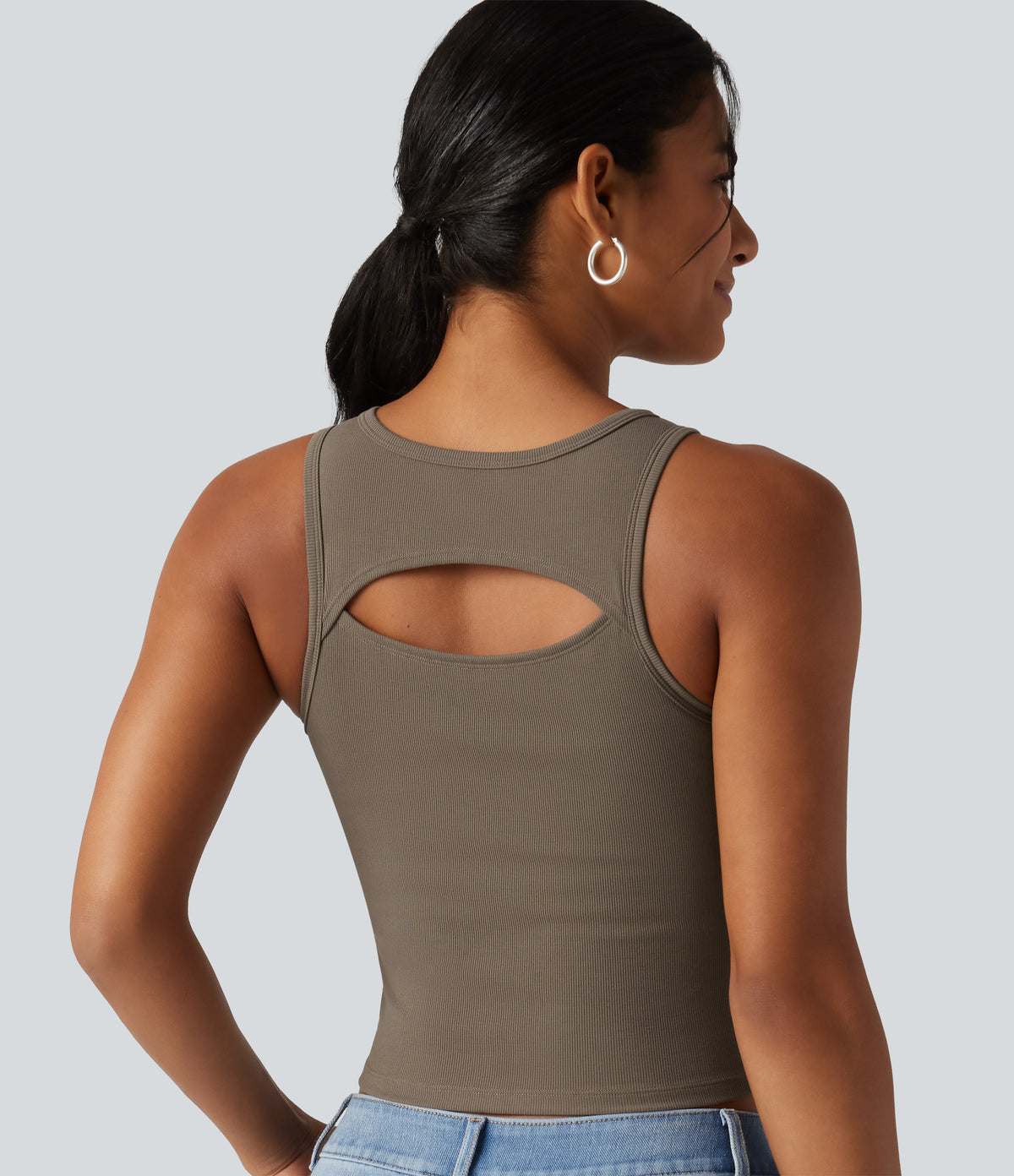 Ribbed Knit Round Neck Built-in Bra Cut Out Cropped Casual Tank Top — Dawn Brown — view 2