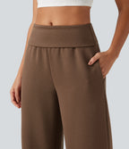 Foldover Mid Rise Baggy Casual Sweatpants with Pockets — Cocoa Brown — view 4