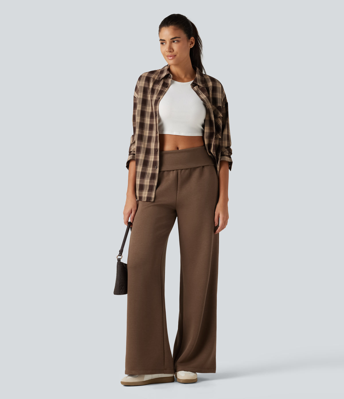 Foldover Mid Rise Baggy Casual Sweatpants with Pockets — Cocoa Brown — view 6