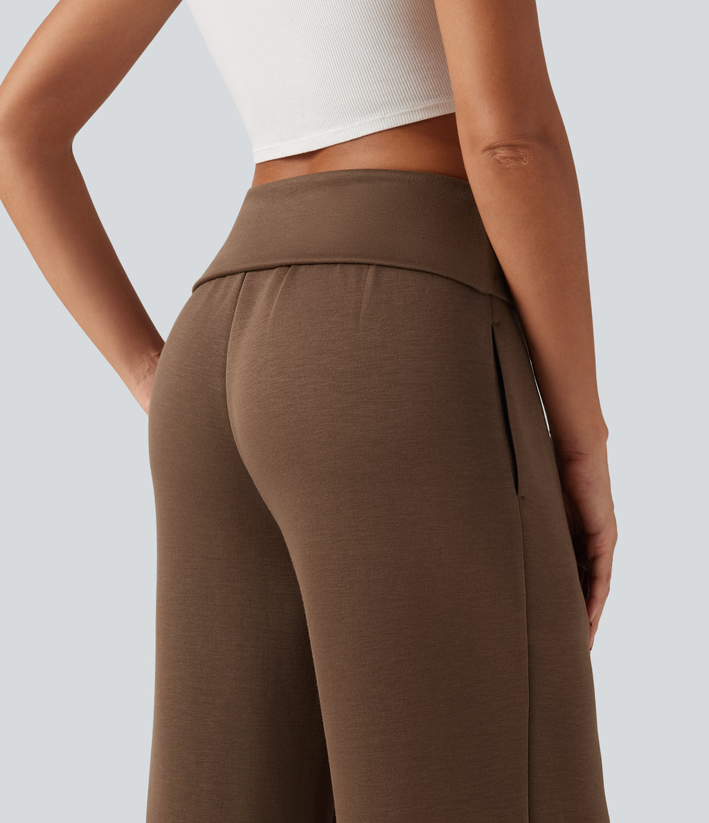Foldover Mid Rise Baggy Casual Sweatpants with Pockets — Cocoa Brown — view 5