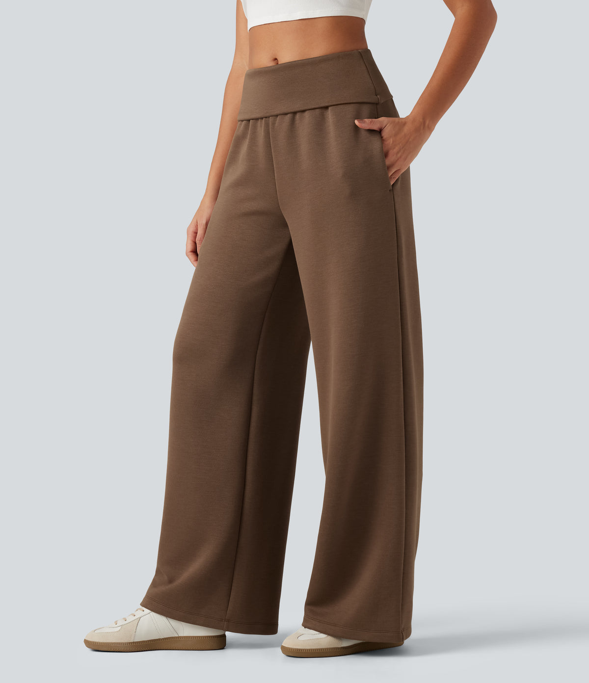 Foldover Mid Rise Baggy Casual Sweatpants with Pockets — Cocoa Brown — view 3