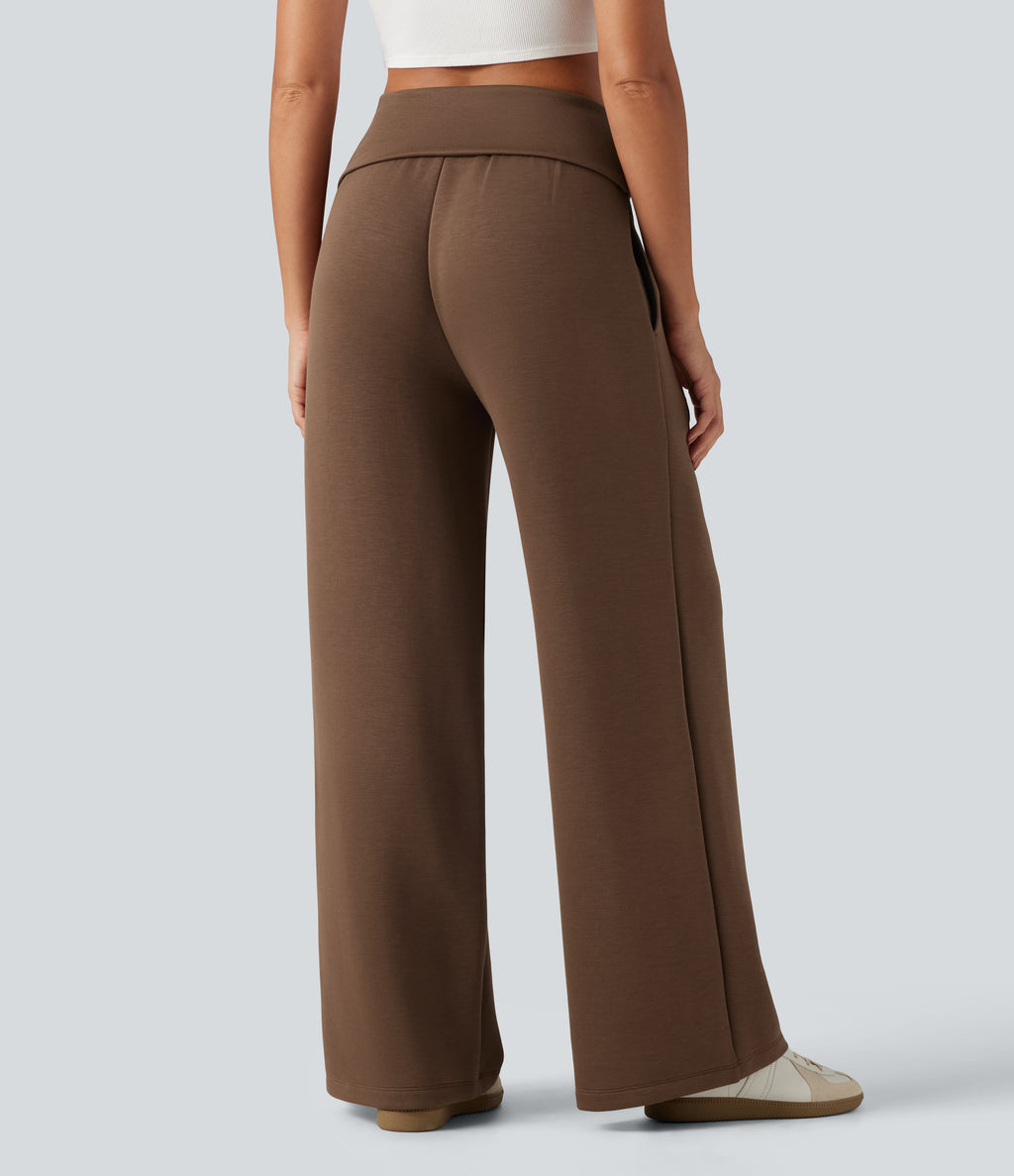 Foldover Mid Rise Baggy Casual Sweatpants with Pockets — Cocoa Brown — view 2