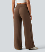 Foldover Mid Rise Baggy Casual Sweatpants with Pockets — Cocoa Brown — view 2