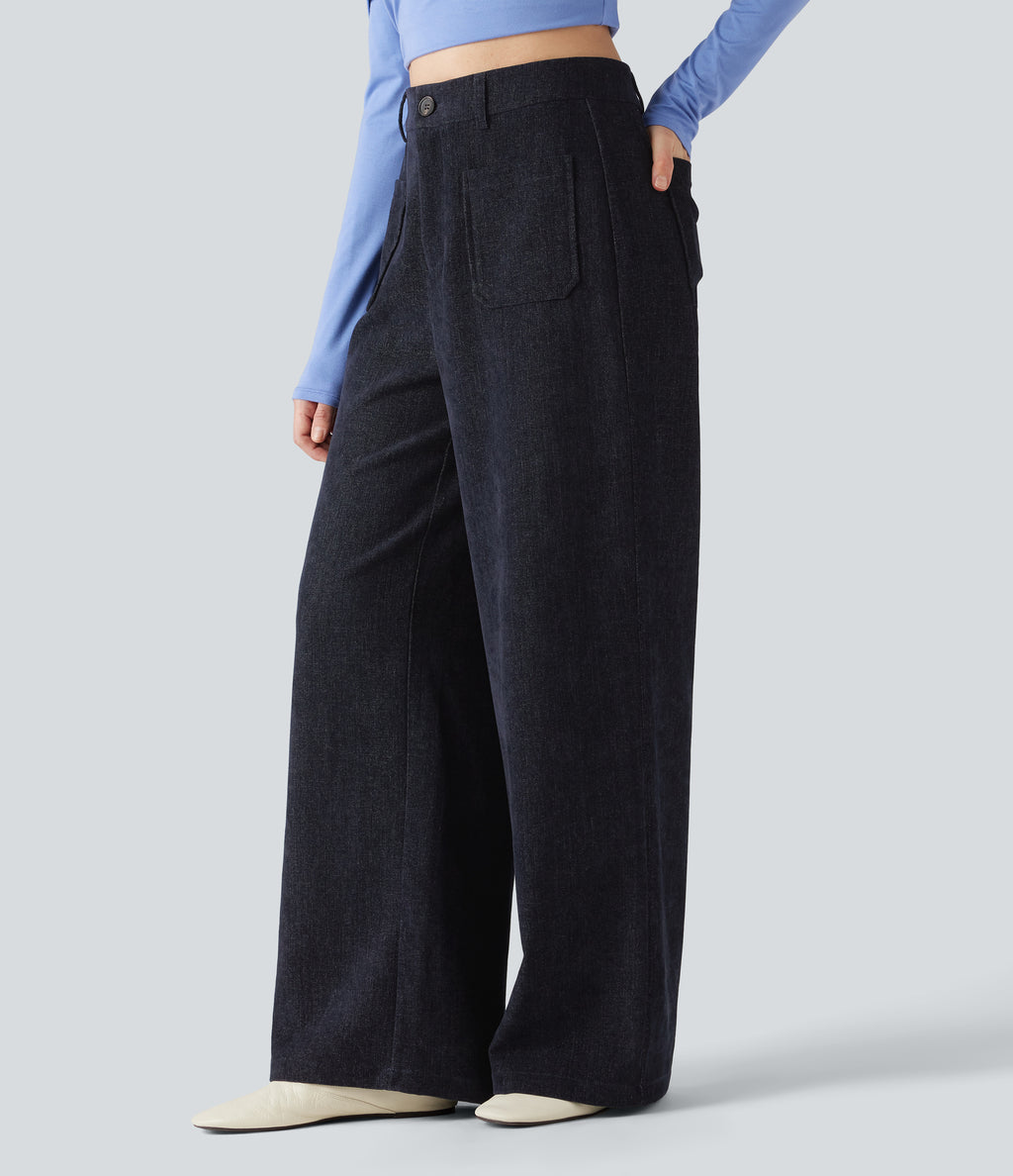 High Waisted Baggy Work Trousers with Pockets — Always in a Mood - Dark Blue — view 3