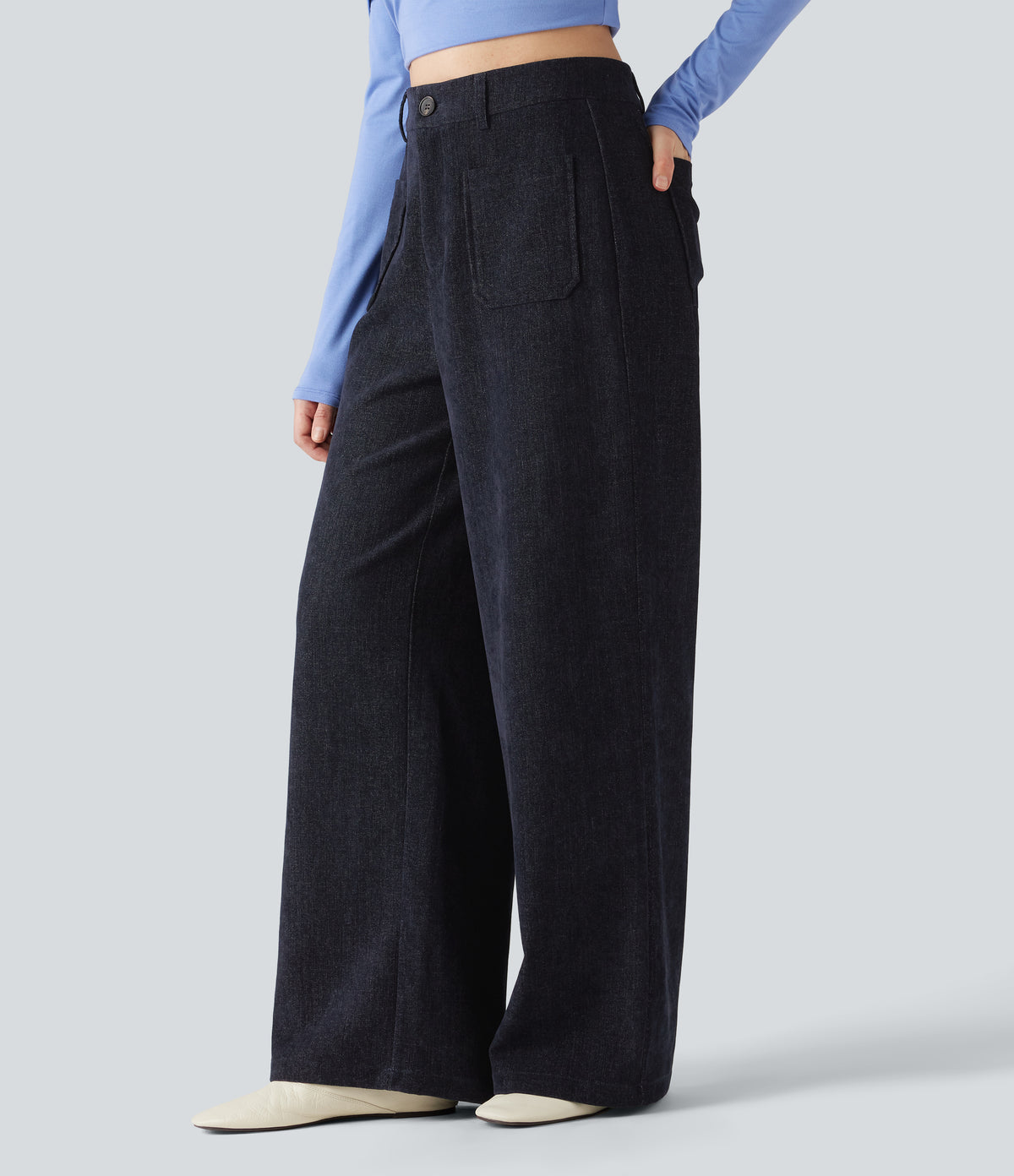 High Waisted Baggy Work Trousers with Pockets — Always in a Mood - Dark Blue — view 3