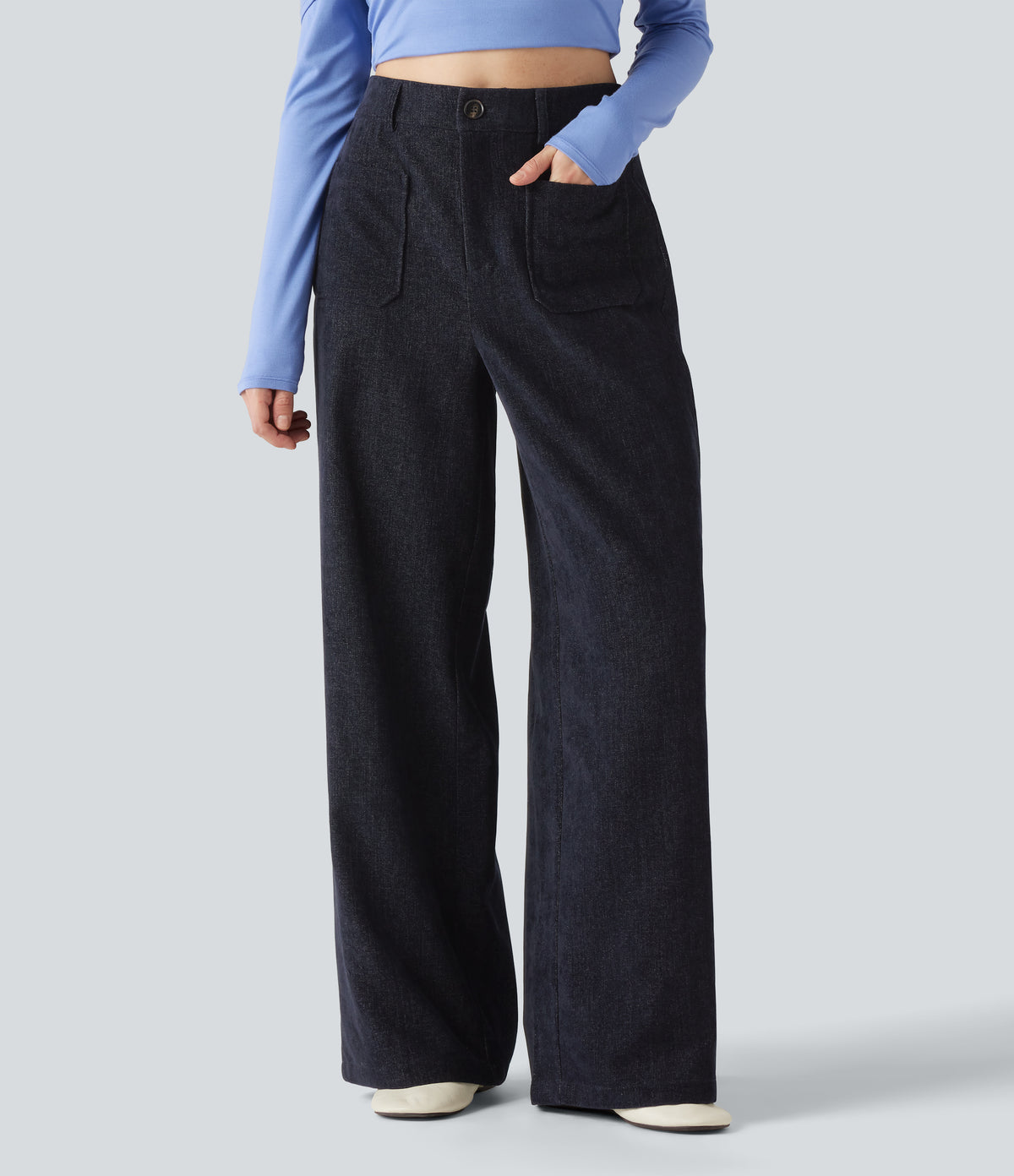 High Waisted Baggy Work Trousers with Pockets — Always in a Mood - Dark Blue — view 1