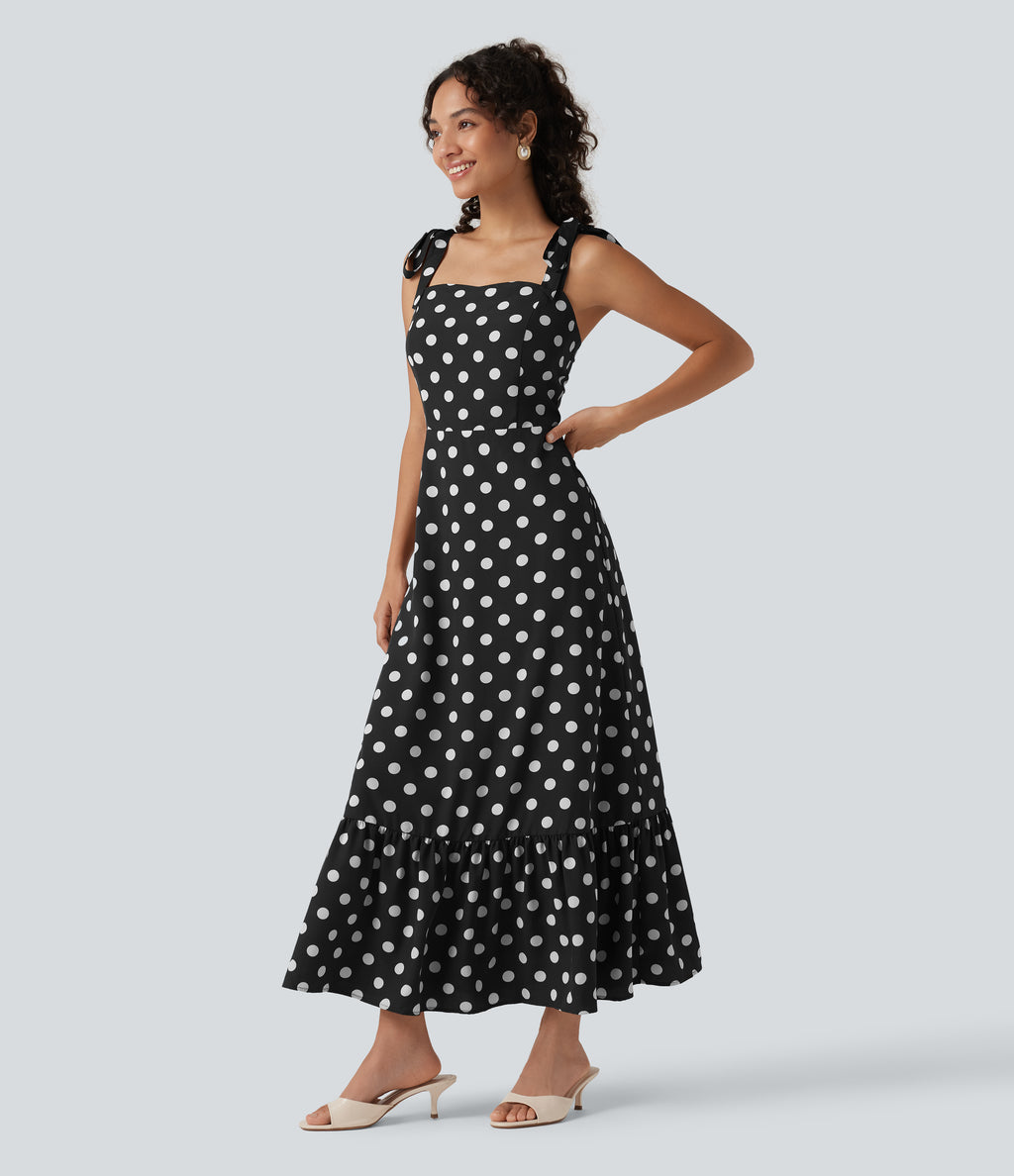 Square Neck Polka Dot Maxi Tank Dress — Black Polka Dots — view 3