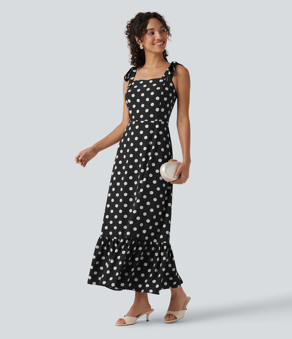 Square Neck Polka Dot Maxi Tank Dress — Black Polka Dots — view 6