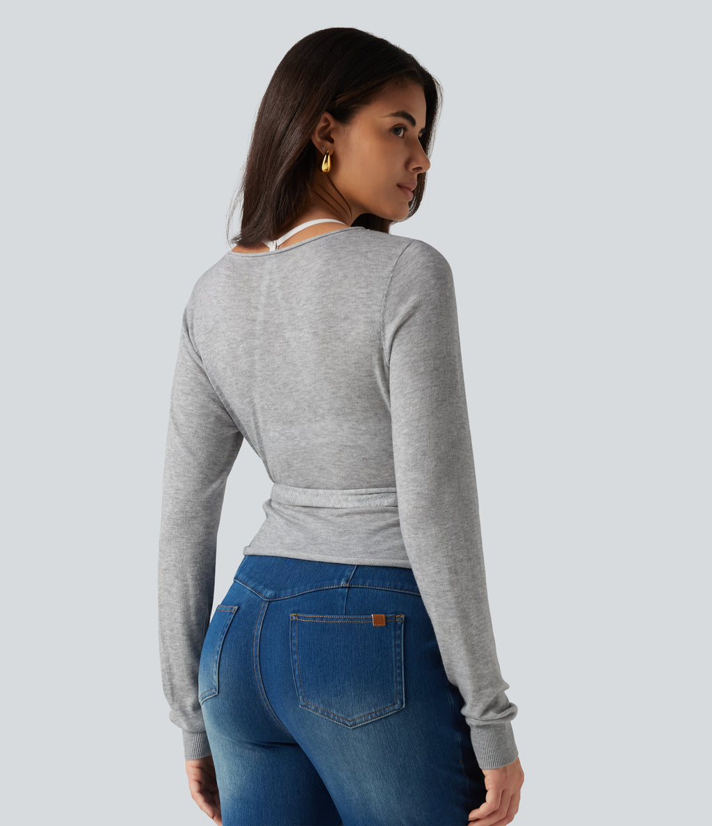 Long Sleeve Tie Side Casual Cardigan — Fog Gray — view 2