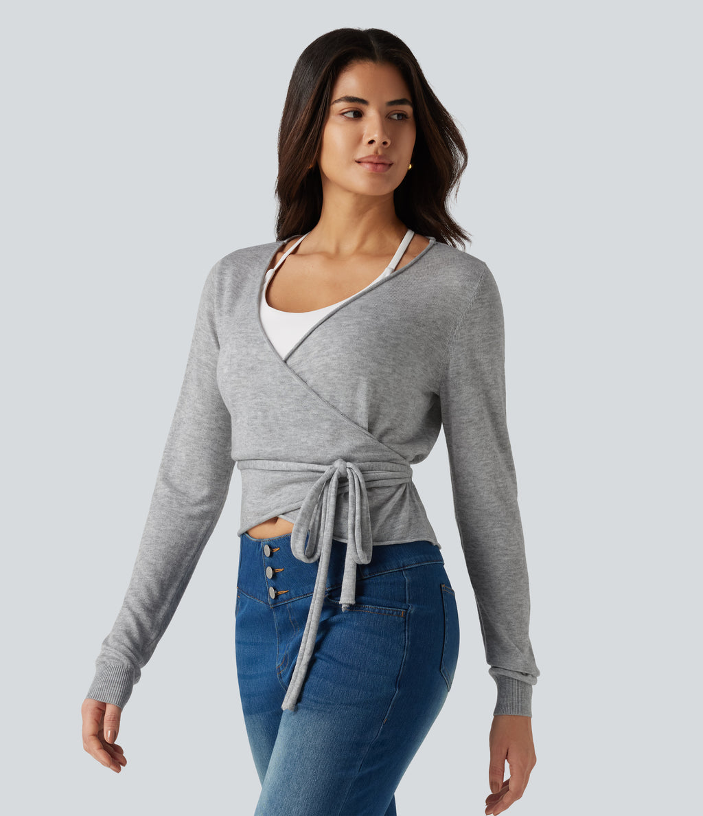 Long Sleeve Tie Side Casual Cardigan — Fog Gray — view 3