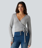 Long Sleeve Tie Side Casual Cardigan — Fog Gray — view 4