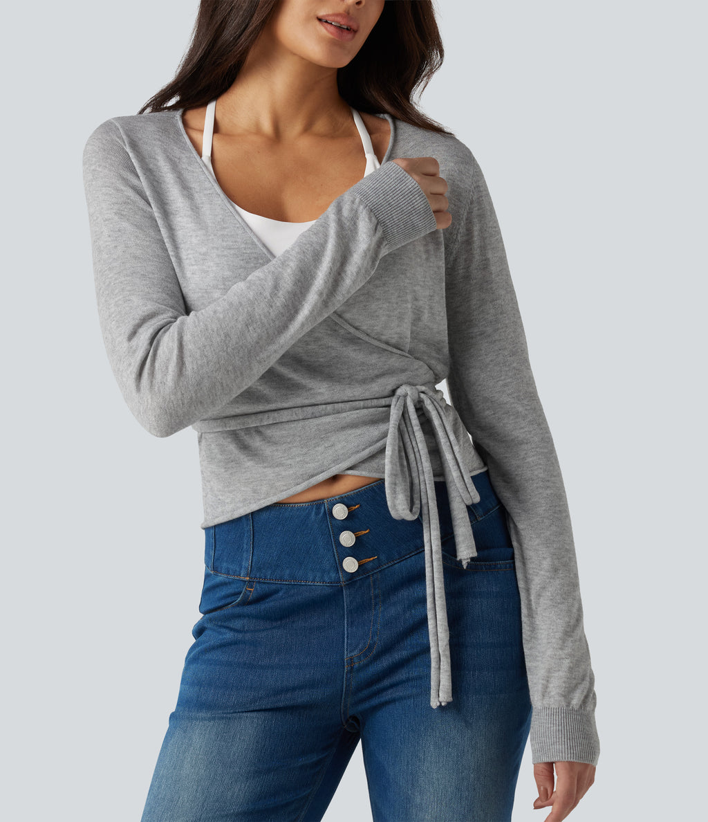 Long Sleeve Tie Side Casual Cardigan — Fog Gray — view 6