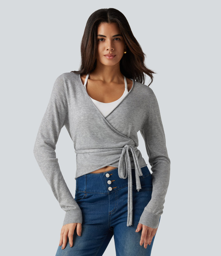 Long Sleeve Tie Side Casual Cardigan — Fog Gray — view 1