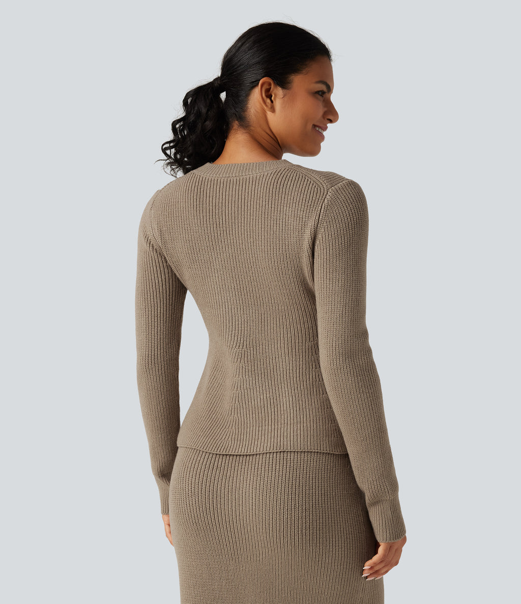 Round Neck Long Sleeve Ruffle Hem Work Jumper — Dark Reddish Brown — view 2